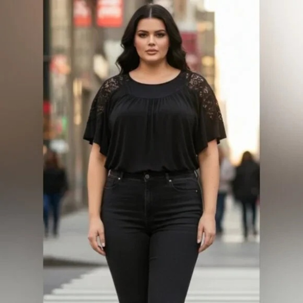 Lane Bryant 26/28 Black Crochet Lace Bat Sleeve Whimsigoth Goth Blouse Top
